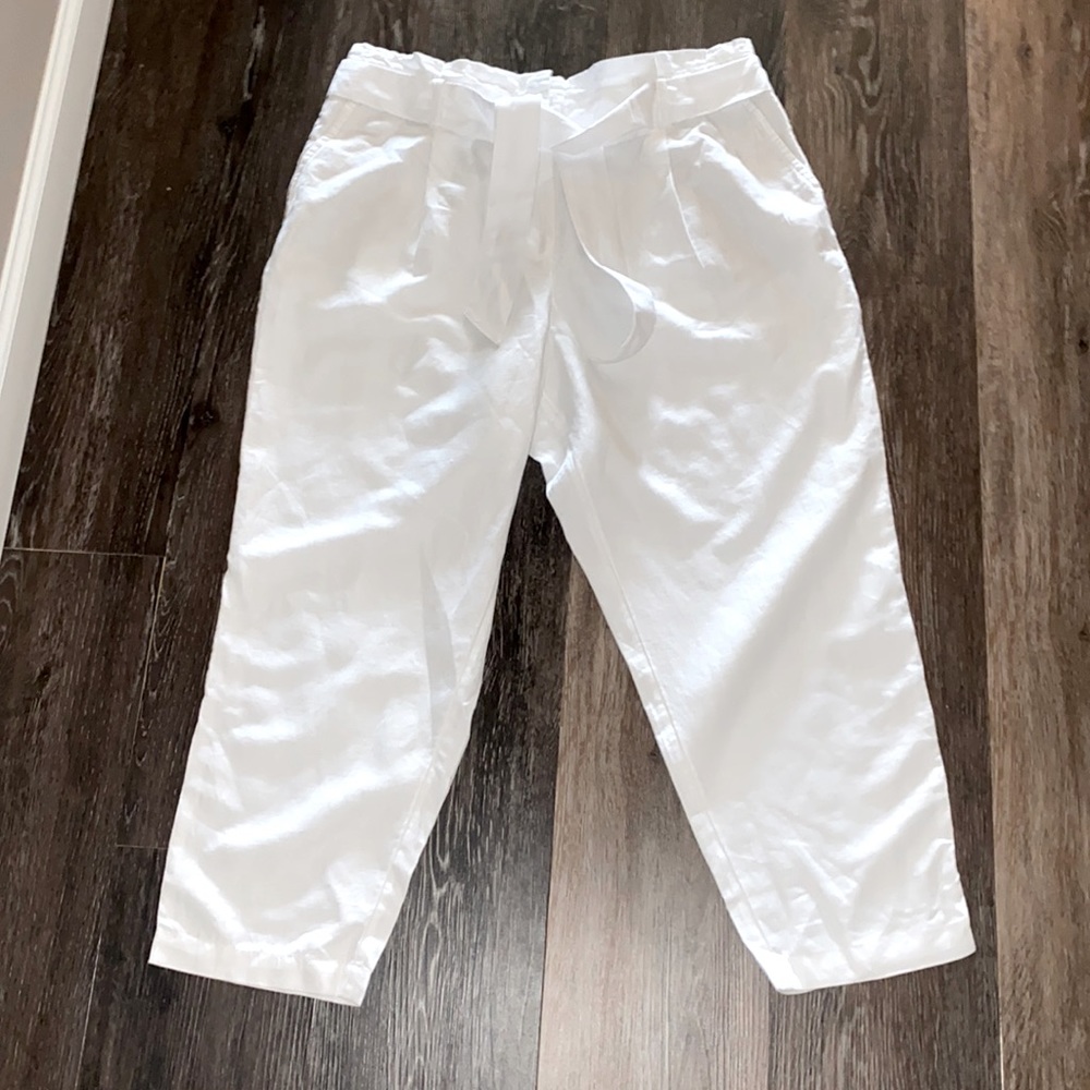 LOFT Petite White Linen Paper Bag Waist Pants